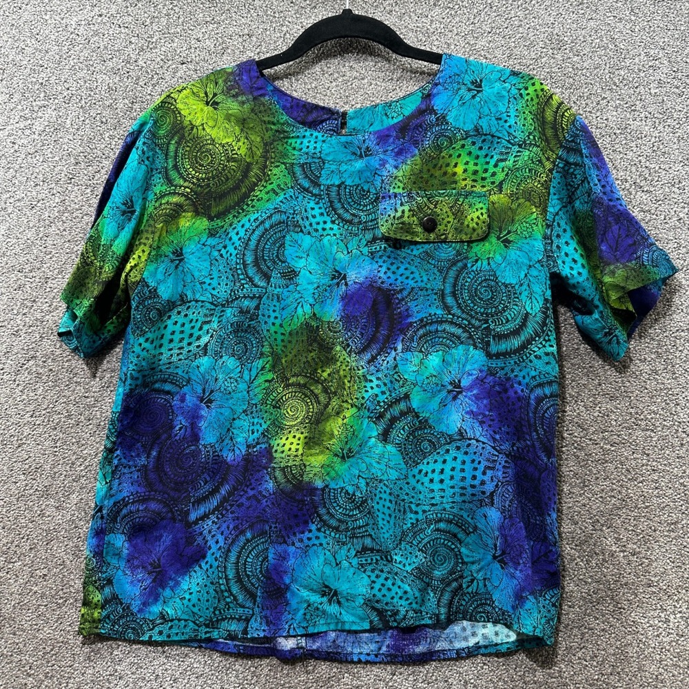 VTG 90s Norton McNaughton Blouse Top Women 4 Floral Rayon Short Sleeve Blue